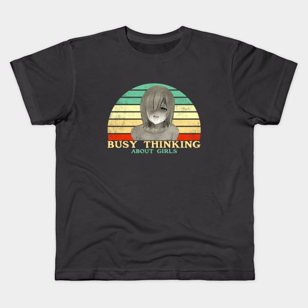 Busy Thinking About Girls - Funny Lesbian Anime - Retro Sunset Kids T-Shirt by clvndesign